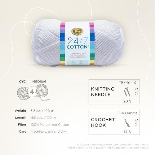 Lion Brand 24/7 Baumwollgarn, leichtes Garn zum Stricken, 1er Pack weiß - Bild 5 von 7