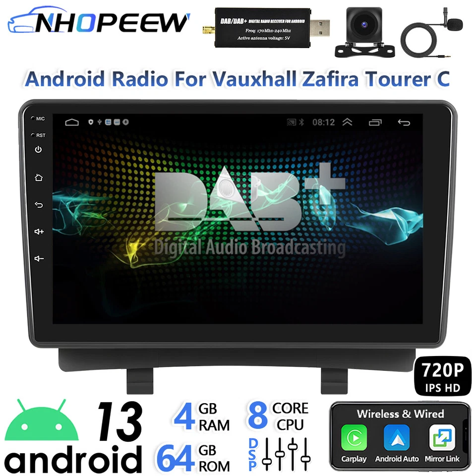 NHOPEEW DAB+ 4+64GB Android CarPlay Radio GPS SatNav For Vauxhall Zafira Tourer C 11-16