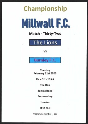 MILLWALL v BURNLEY 21.02.23 CHAMPIONSHIP MATCH PROGRAMM