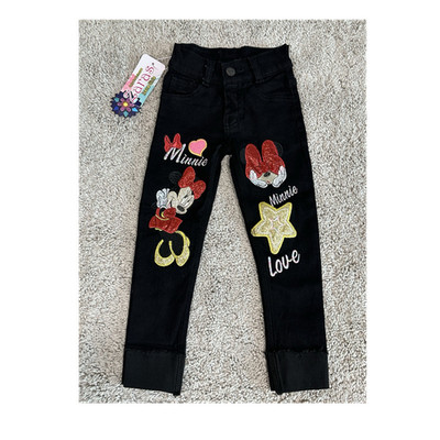 NWT Zaras Girls Size 4 Toddler Black Jeans Minnie Mouse Embroidered Glitter