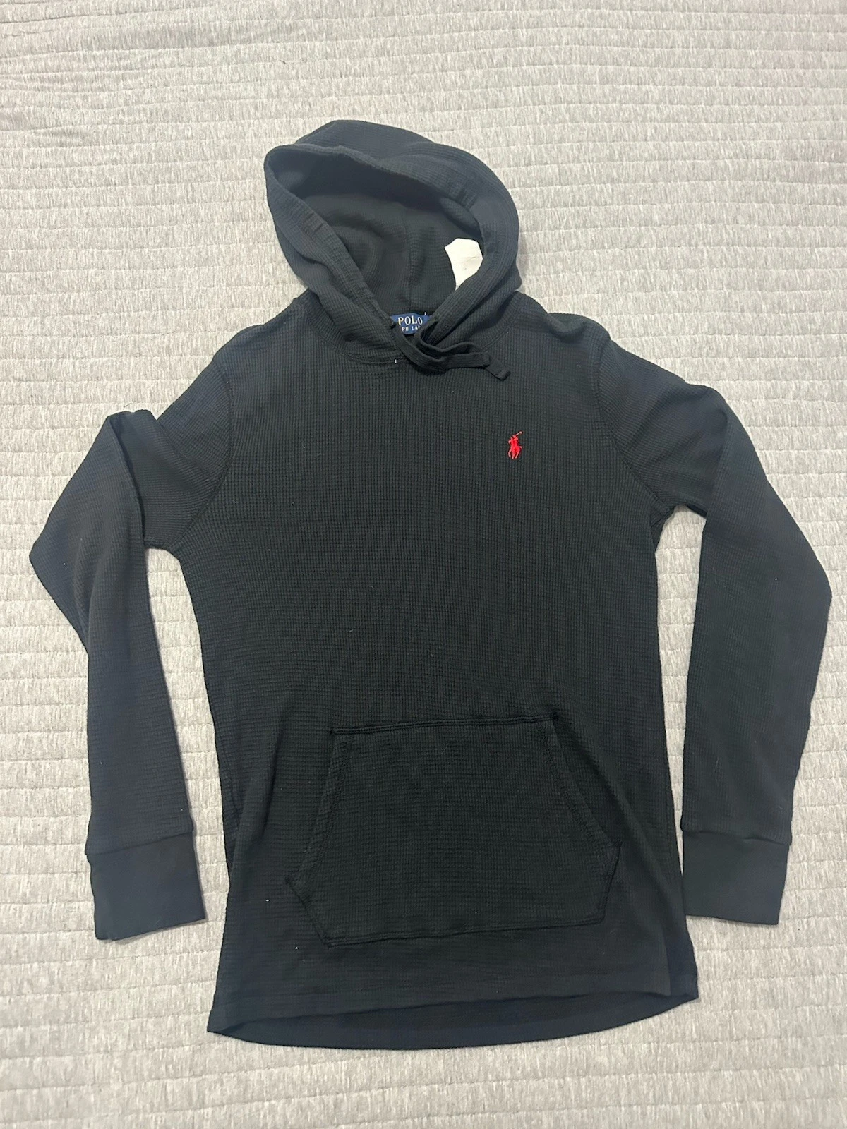 Polo Ralph Lauren Waffle Knit Thermal Hoodie Men Medium Black Red Pony Logo