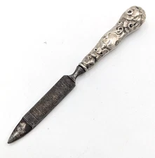 Antique VTG Mini Travel Sterling Nail File Repousse Daffodil Floral