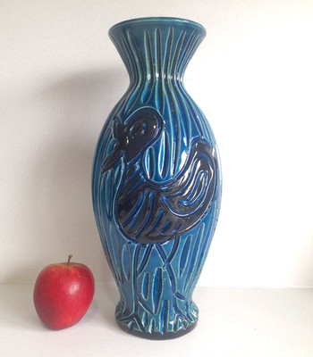 Vintage Mid Century Italienische Keramik Pottery Vögel Vase 190mm Blau Bitossi Stil