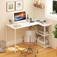 L-Shaped Computer Desk w/Power Outlets Adjustable shelf Heavy-Duty Metal Frame