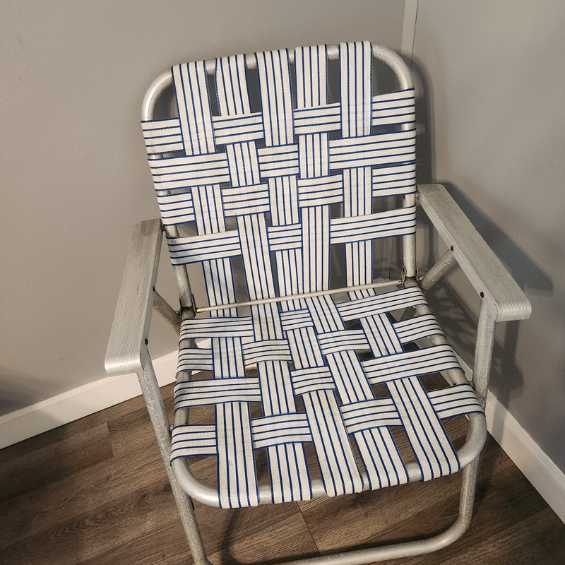 Vintage Aluminum Folding Chair White and Blue