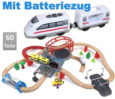 Holz Eisenbahn Set Kinder Zug Lok Schienen Zubehör + BATTERIEZUG city Schnellzug