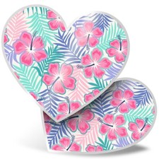 2 x Heart Stickers 15 cm - Pink Hibiscus Flower Print #15797