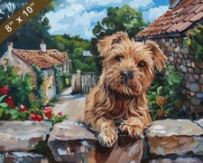 Norfolk Terrier dog painting in a quaint village setting 8x10 Print 