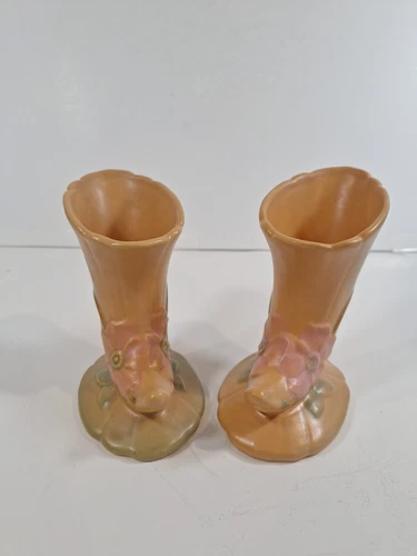 Pair Of Vintage Weller Wild Rose Cornucopia Vases 6.25"