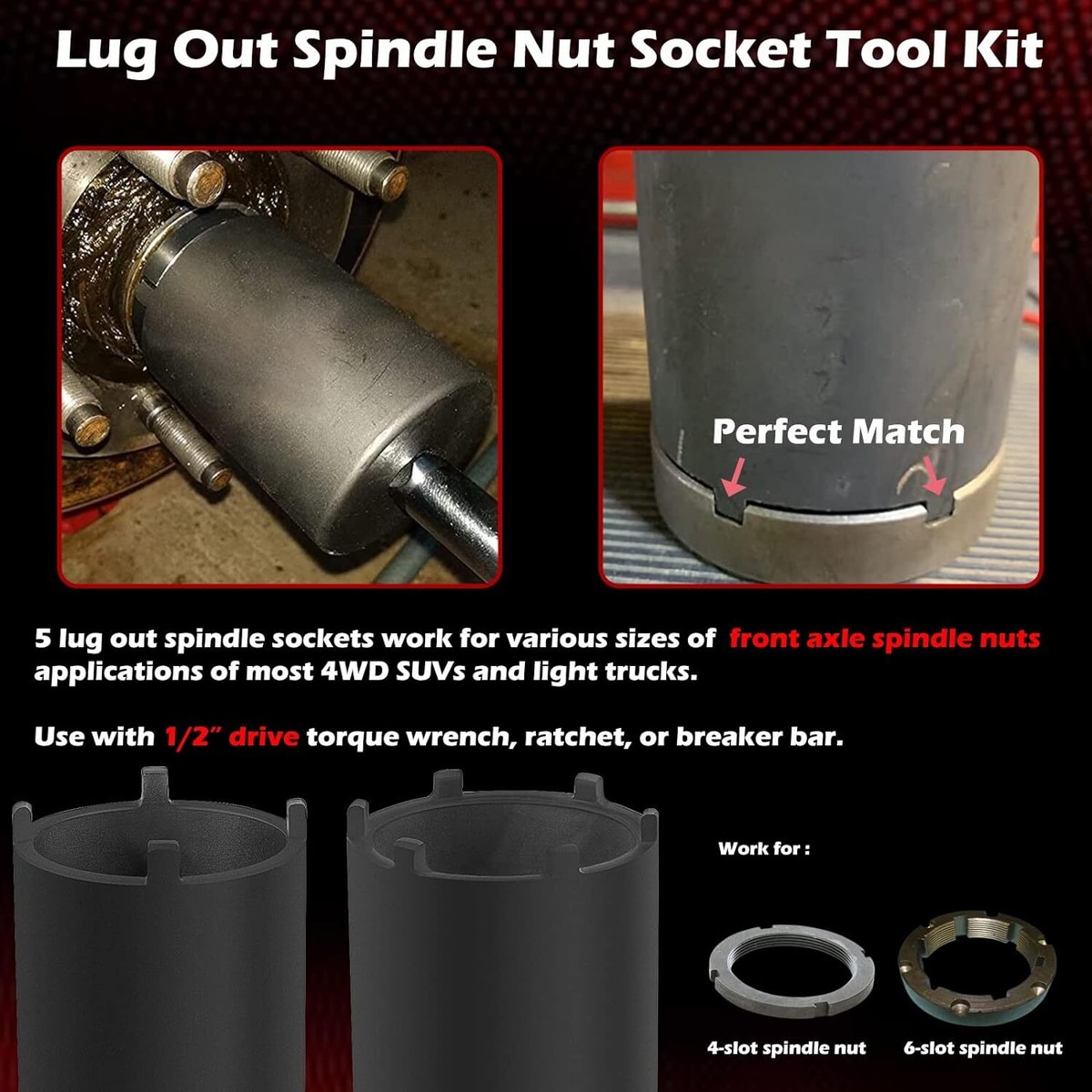 DPTOOL Spilmoer Socket Tool Kit 6 stuks Axle Lock Moer Socket Set 1/2 Drive Wiel Hub Moer Remover Installer Compatibel met Ford Dana 44/80 Toyota Dodge GMC Chevrolet 4WD Lug Out Spindel DPTOOL Spilmoer Socket Tool Kit 6 stuks Axle Lock Moer Socket Set 1/2 Drive Wiel Hub Moer Remover Installer Compatibel met Ford Dana 44/80 Toyota Dodge GMC Chevrolet 4WD Lug Out Spindel