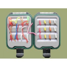Blob Flies, 24 Boxed set of worm and maggot trout flies, size 10, Lanyard Box