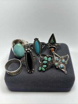 Lot 7x Sterling Silver Native American Rings! Bell Trading, Onyx, Turquoise, Etc