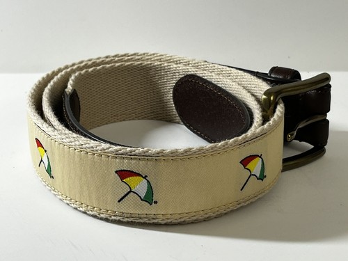 Arnold Palmer Men Embroidered Logo Web Golf Belt Sz 40 Tan Leather Brass Buckle - Picture 2 of 8