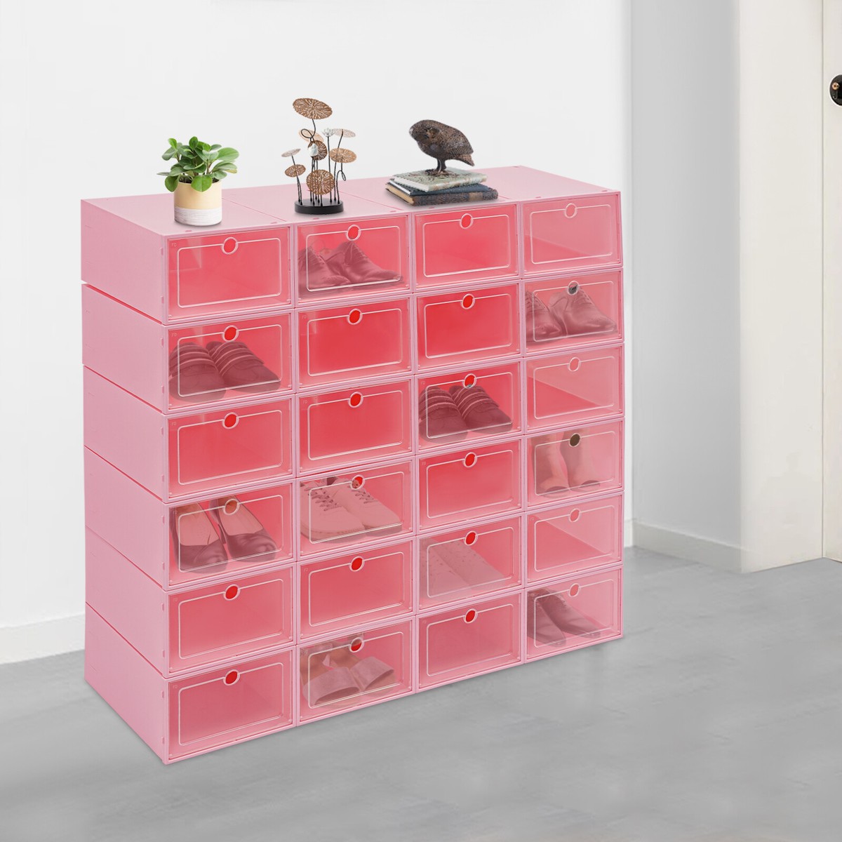 Pink Plastic Shoe Box Drawers Stackable Clear Plastic Shoe Storage