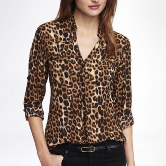 Express Women's Size Small The Portofino Shirt In Leopard Animal Print Workwear