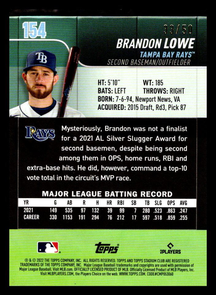 2022 Stadium Club Blue Foil Brandon Lowe /50 154 Tampa Bay Rays eBay