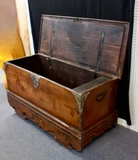Antique Primitive Indonesian Chest / Large Trunk With TILL. Wood Wheels. Carved.