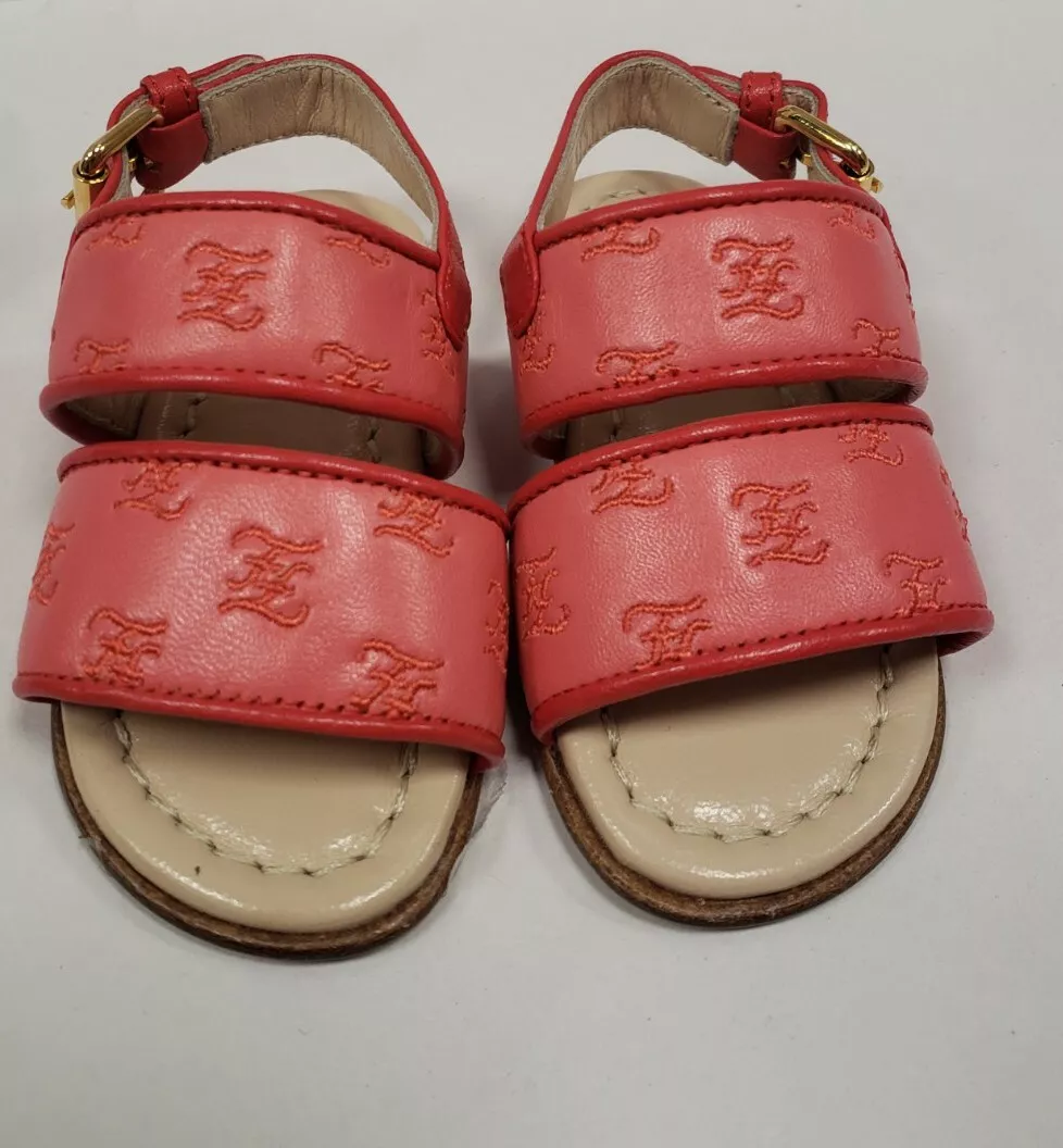 NEW Fendi Baby Girls Coral red leather logo sandals 20 US 4