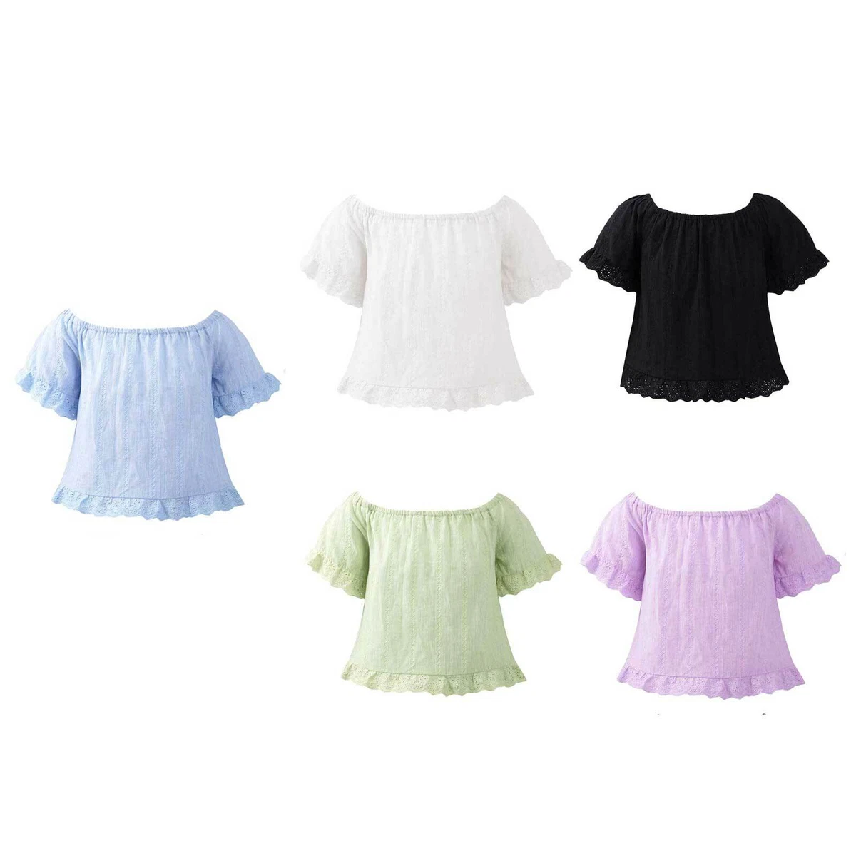 Kids Girls Stylish Tops Off-shoulder Flared Short Sleeves Mesh Tops Casual  Wear