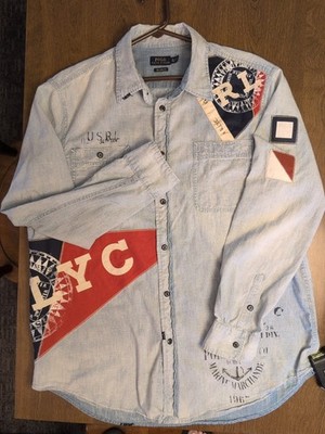 XL Ralph Lauren Polo Patchwork Marine Button Down Graphic Shirt 90s Y2K RARE