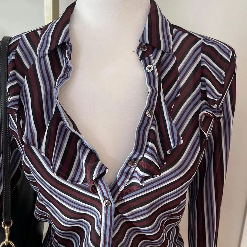 Blusa vintage Nanette Lepore azul a rayas con botones talla pequeña Foto 3 de 4