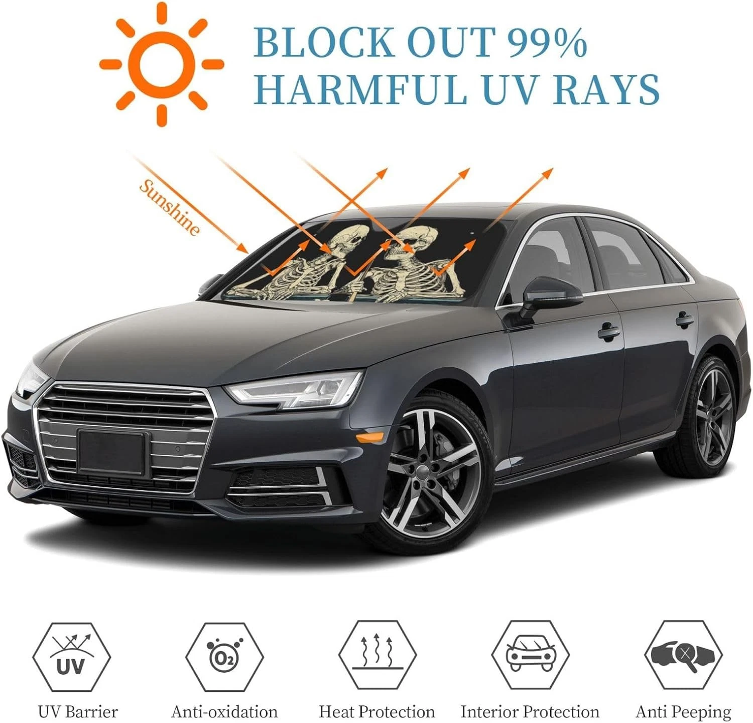 Windshield Sun Shade Funny Skeleton Car Front Window S:51x27.5 inch, D02
