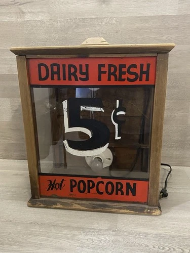 Antique Dairy Fresh 5 Cent Hot Popcorn Counter Display