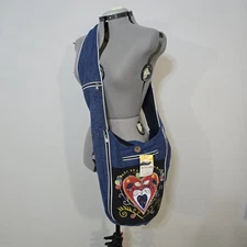 RISING INTERNATIONAL Denim Crossbody Hobo Bag Purse Embroidered Heart Patchwork 