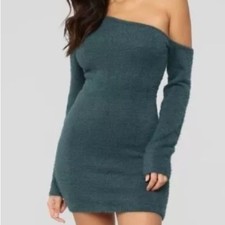 NWT New Fashion Nova Fuzzy Feels Green One Shoulder Dress Size XS