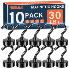 FINDMAG 10 Pack Black Magnetic Hooks, 30lbs Neodymium Magnet Hooks for Hanging,