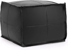 Secondhand Stuffed Square Pouf, Genuine Leather Pouf Ottoman, Black