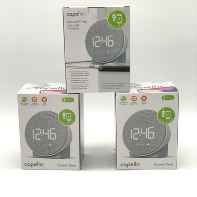 Capello Round Time Alarm Clock Grey Fabric Face USB Charging Dual Alarm CA-8WF