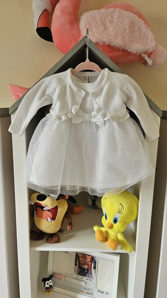 Vestito Abito Battesimo Con Maglioncino, Ghettine E Fascetta - Immagine 2 di 4