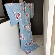 Vintage Japanese Yukata Kimono Blue Floral Cotton Summer Kimono Robe Made in Jap