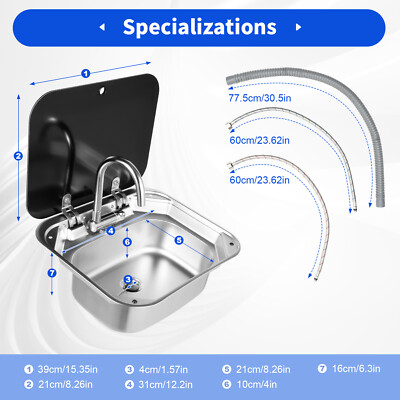 Hand Washing Basin Sink Stainless w/ Lid & Faucet,For RV Caravan Boat Camper