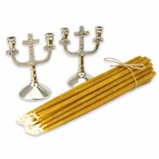 Set of 2 Silver Candlestick Holders Cross + 20pcs Pure Beeswax Orthodox Candles