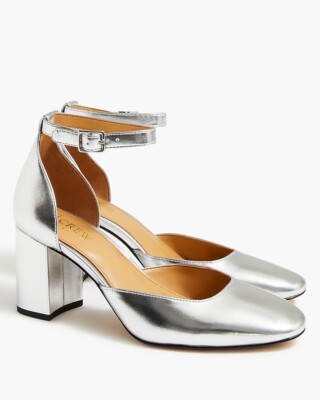 J.Crew 7.5 Medium Metallic Block Heels With Ankle Strap In Silver NIB