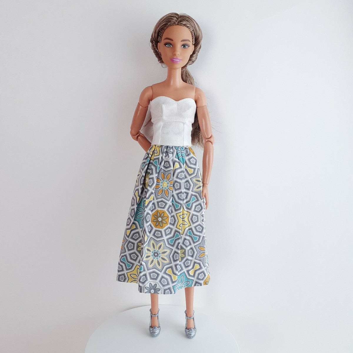 Doll Clothes Maxi Skirt Outfit with white Strapless top and Gray