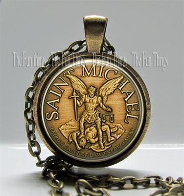 St. Michael Saint of Law Enforcement Pendant 1'' Bronze Setting Handcrafted Gift
