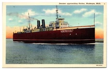 VTG Steamer Approaching Harbor, c. 1940, Cargo Ship, Muskegon, MI