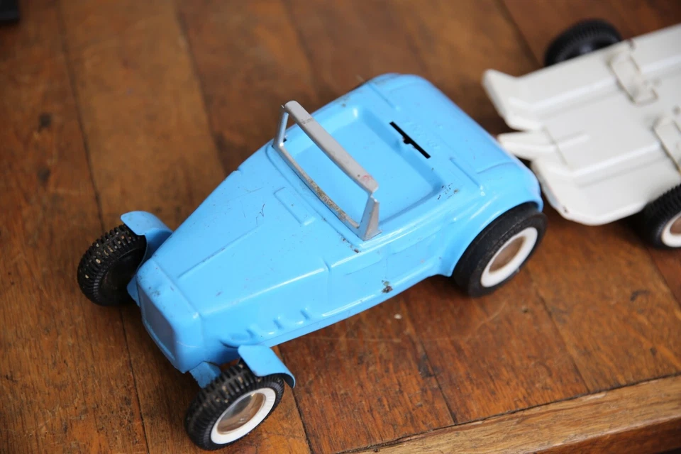 Ford Roadster Buddy L Pressed Steel Toy Hotrod White Motorcycle Trailer Vintage - Image 4 of 4