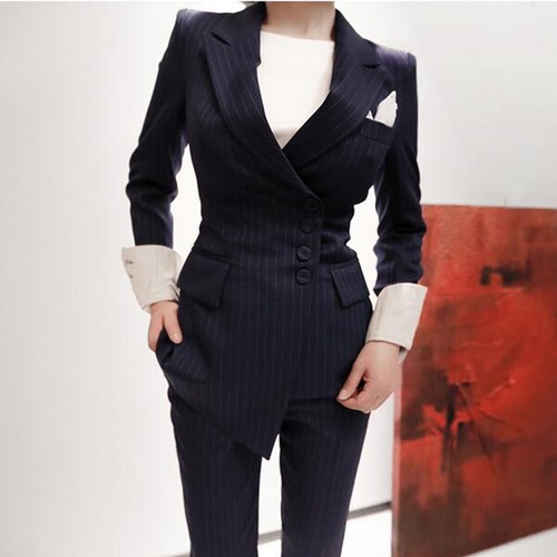 Tailleur completo blu gessato giacca manica lunga e pantalone elegante 4884  | eBay