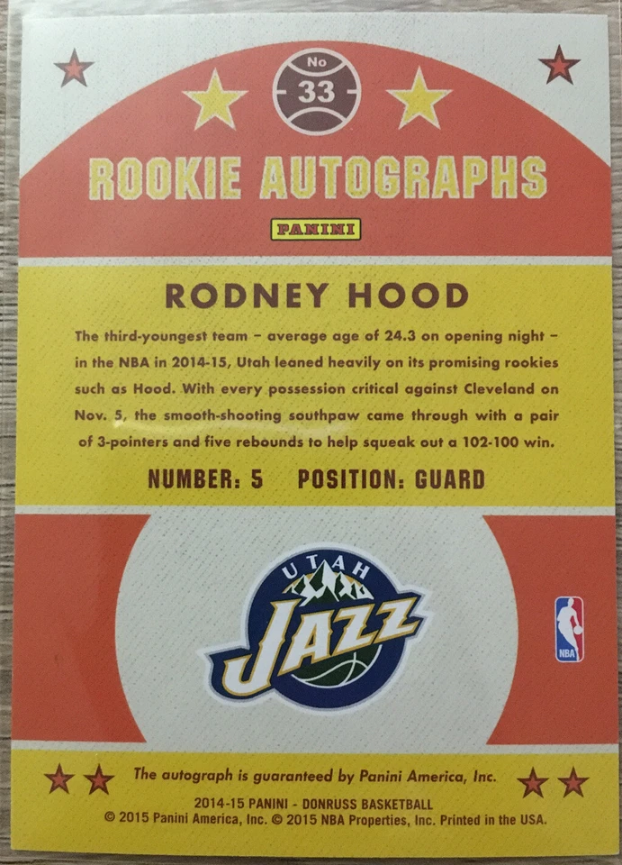 2014-15 PANINI DONRUSS ROOKIE AUTOGRAPHS #33 RODNEY HOOD #27/199 Utah Jazz - Image 2 of 2