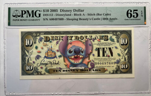 2005 $10 DISNEY DOLAR STITCH Disneyland Seria A00497609 PMG 65 klejnot nieobrobiony 6E - Zdjęcie 1 z 8