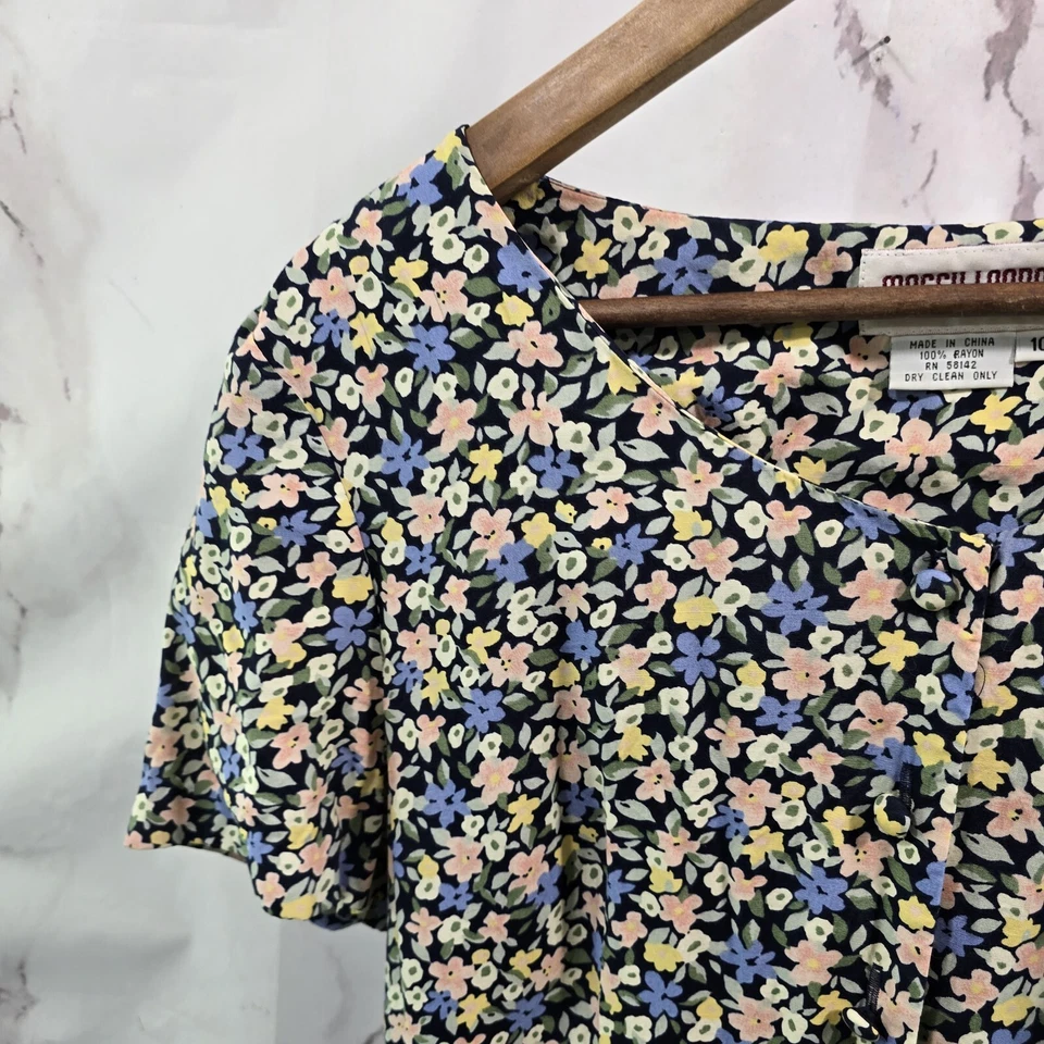 Vintage Dress Womens Large 90s Blue Pink Cottagecore Ditzy Midi Maxi Long  - Image 2 of 4