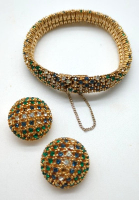 Vintage Signed Ciner Multicolor Rhinestone Bracelet And Clip On Earrings Set