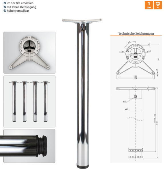 Produktbild von Verstellbares Tischbein Verstellbare Tischbeine 460-700mm - Alu Tischsockel Für Wohnmobile, Boote & Home Tischbeine Für Boote