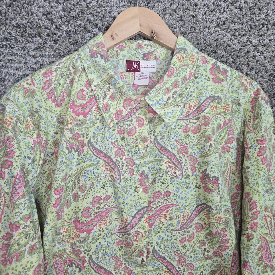 JM Collection Top Womens Plus 16 Green Paisley Print Button Up Cotton Blend - Image 4 of 4