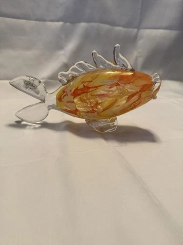 Blenko Handcraft Art Glass Fish Figurine Orange Yellow Clear Hand Blown