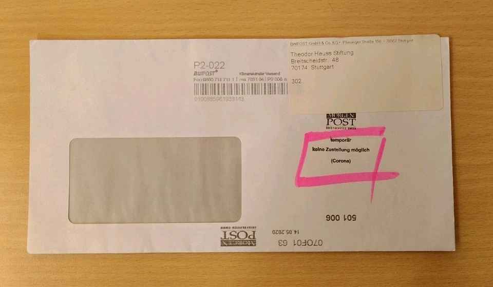 BRD / Bund Privatpost, Brief echt gelaufen, Aufdruck Zustellung Corona - selten! - Bild 1 von 1